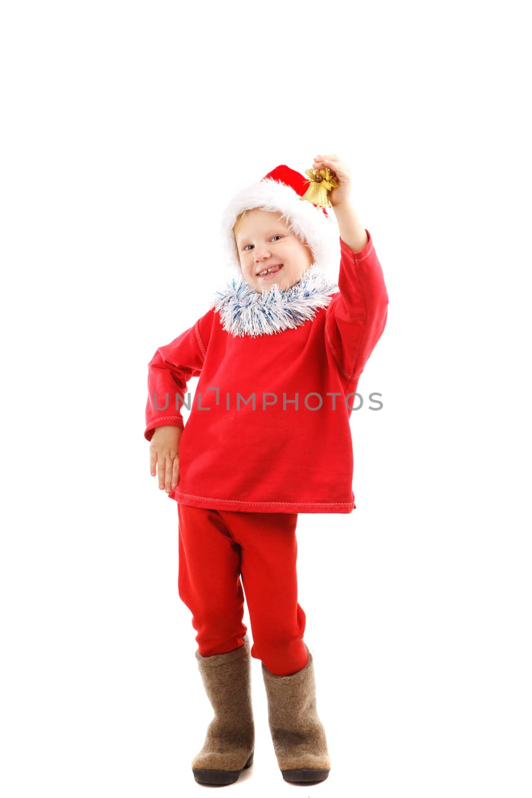Child dressed in red ringing a bell