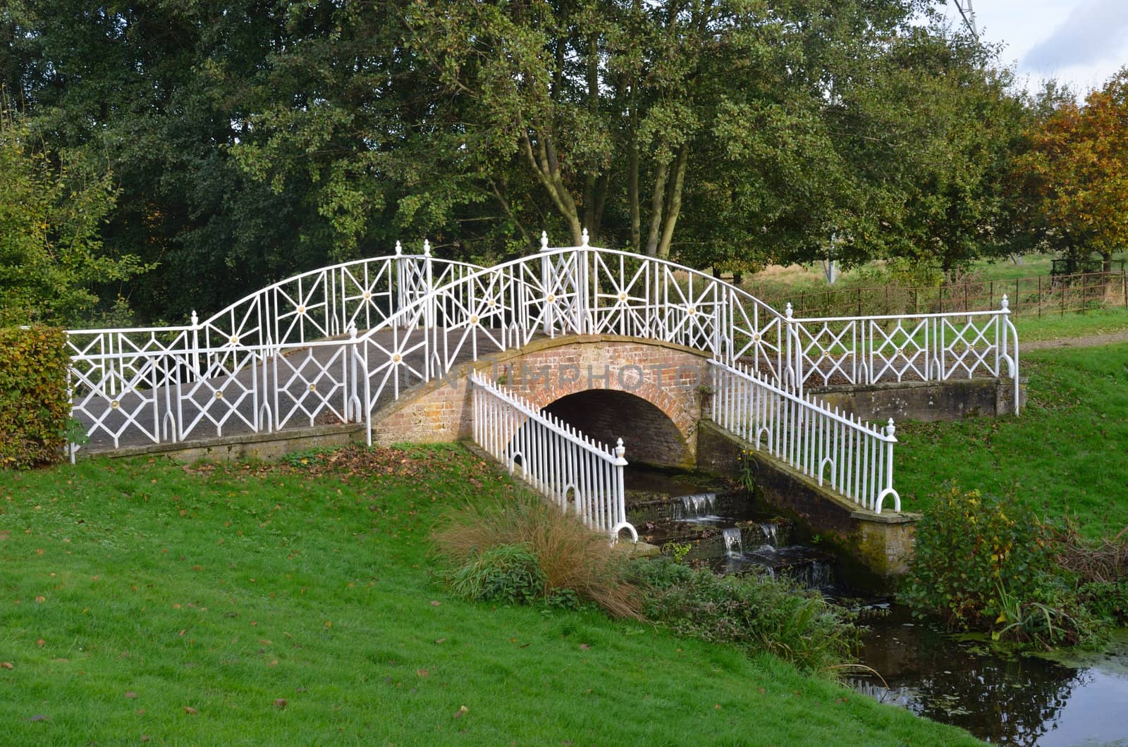 Ornate iron bridge over small stream