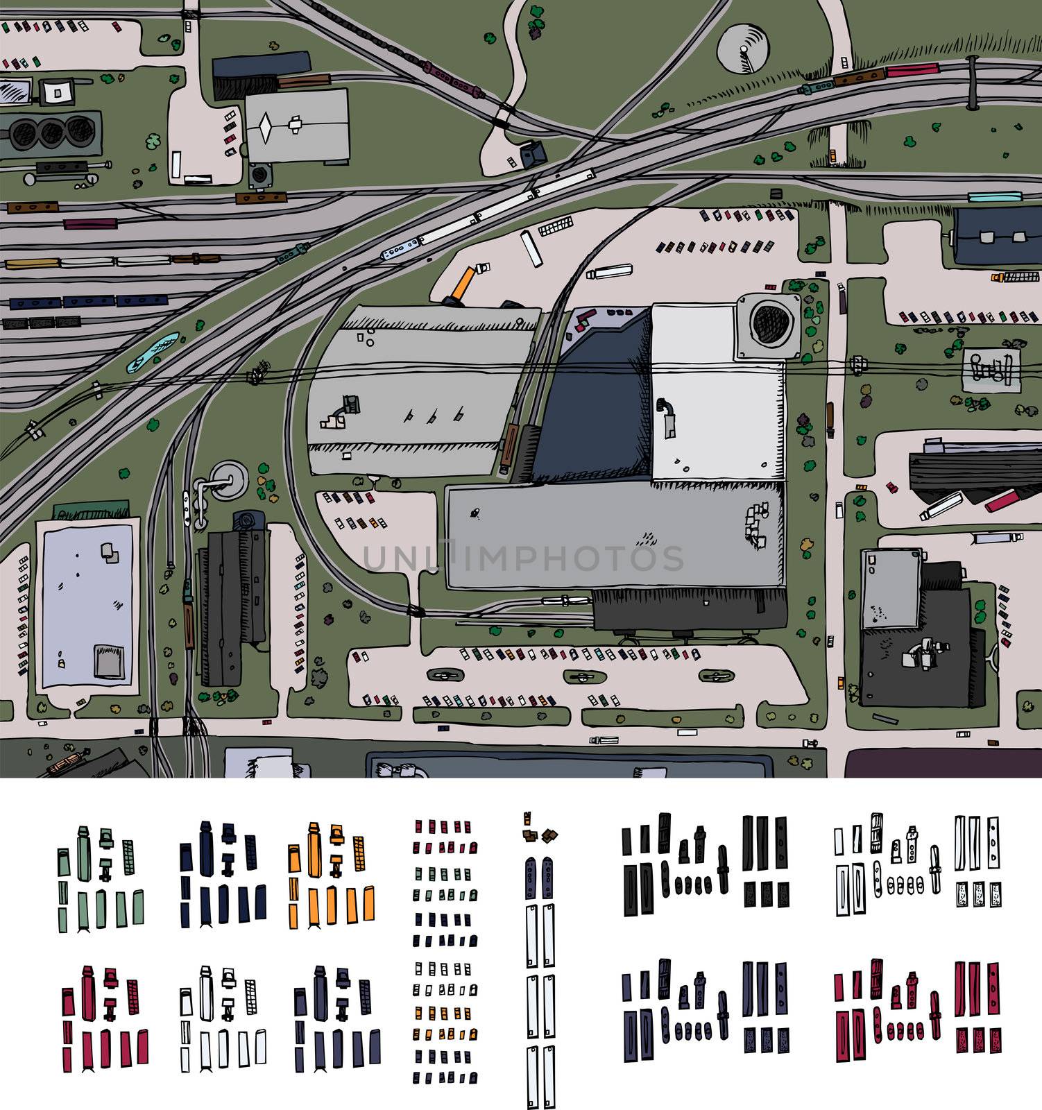 Industrial district illustration with trains, trucks and cars