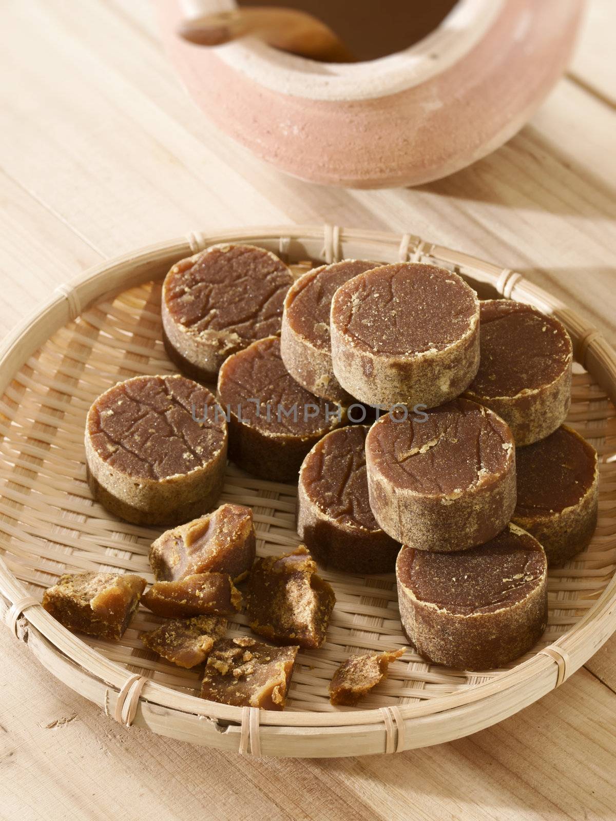 close up of a basket of palm sugar