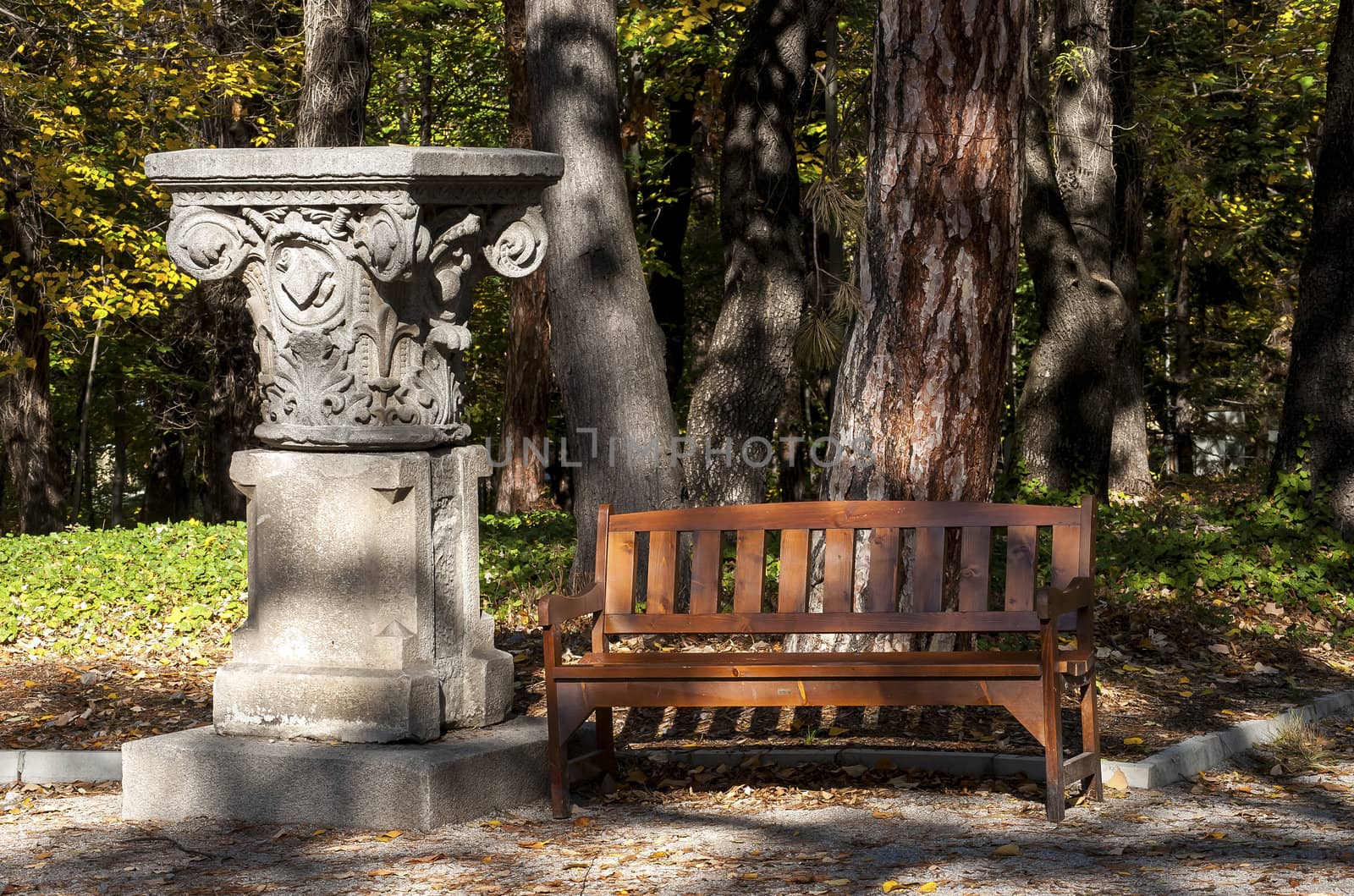 Wooden bench and stone capital in park