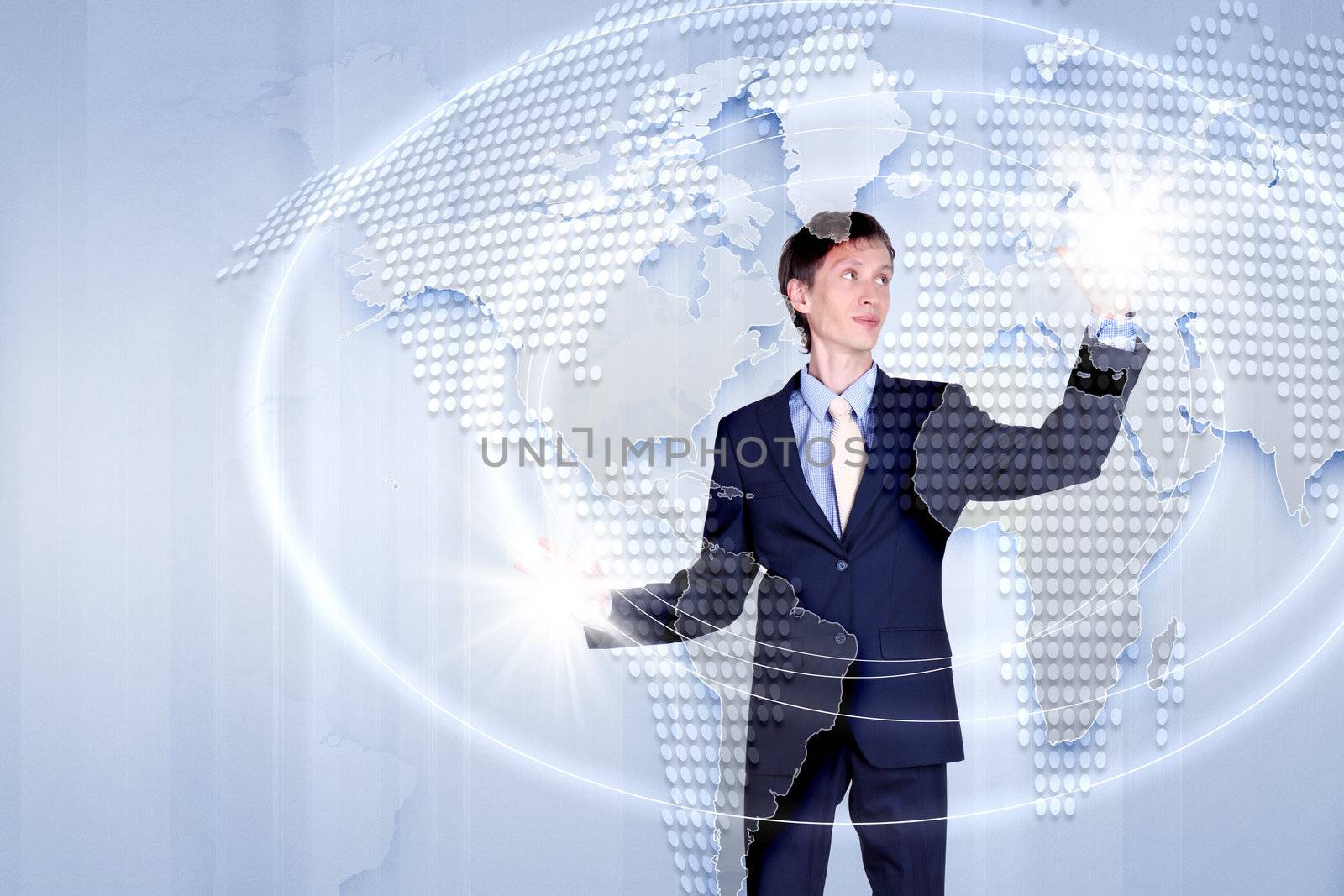 Modern Business World, A businessman navigating virtual world map