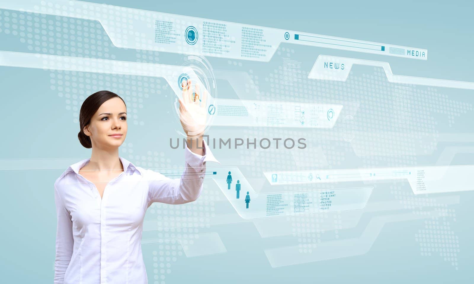 Young woman in business wear working with digital touch screen
