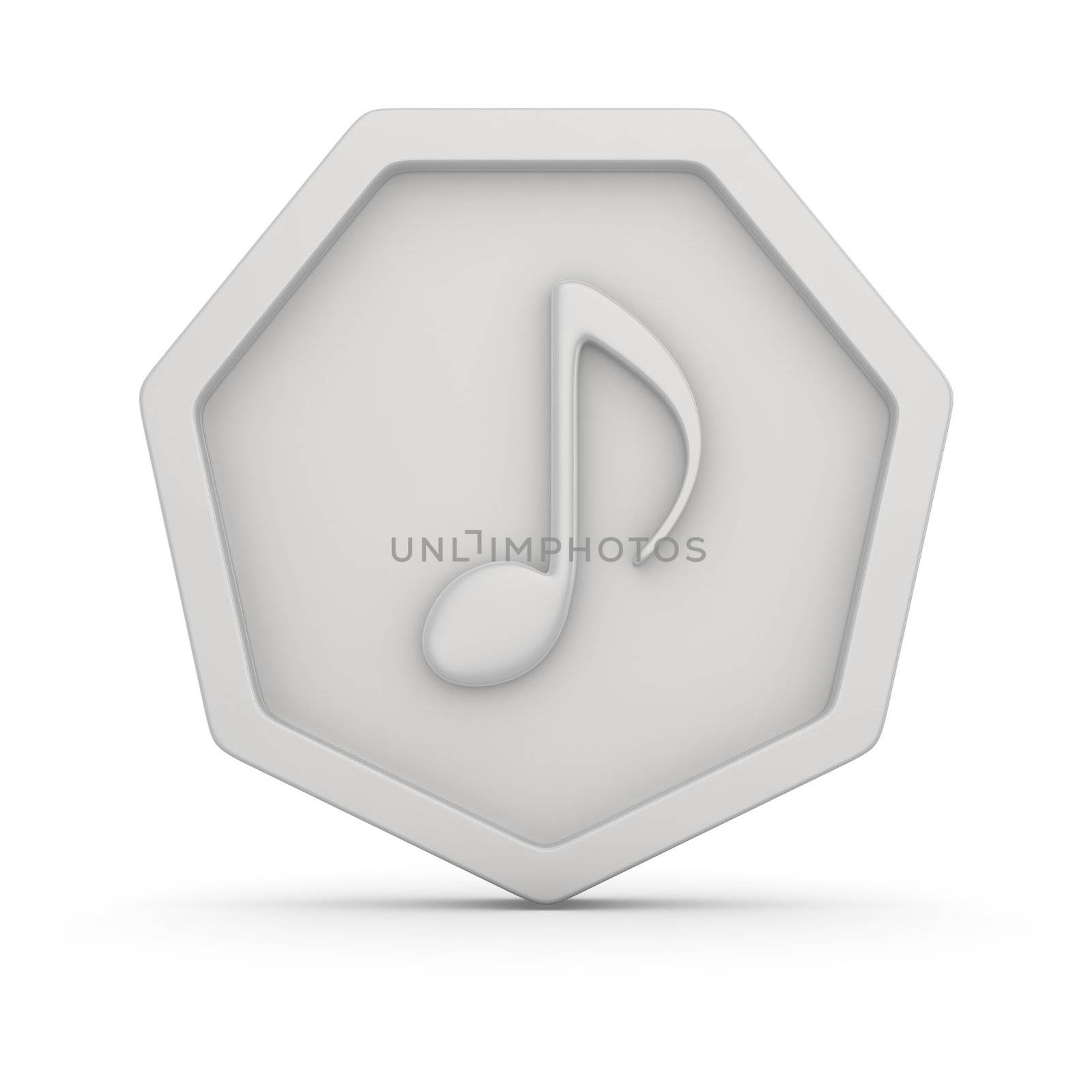 White badge with note symbol, music icon