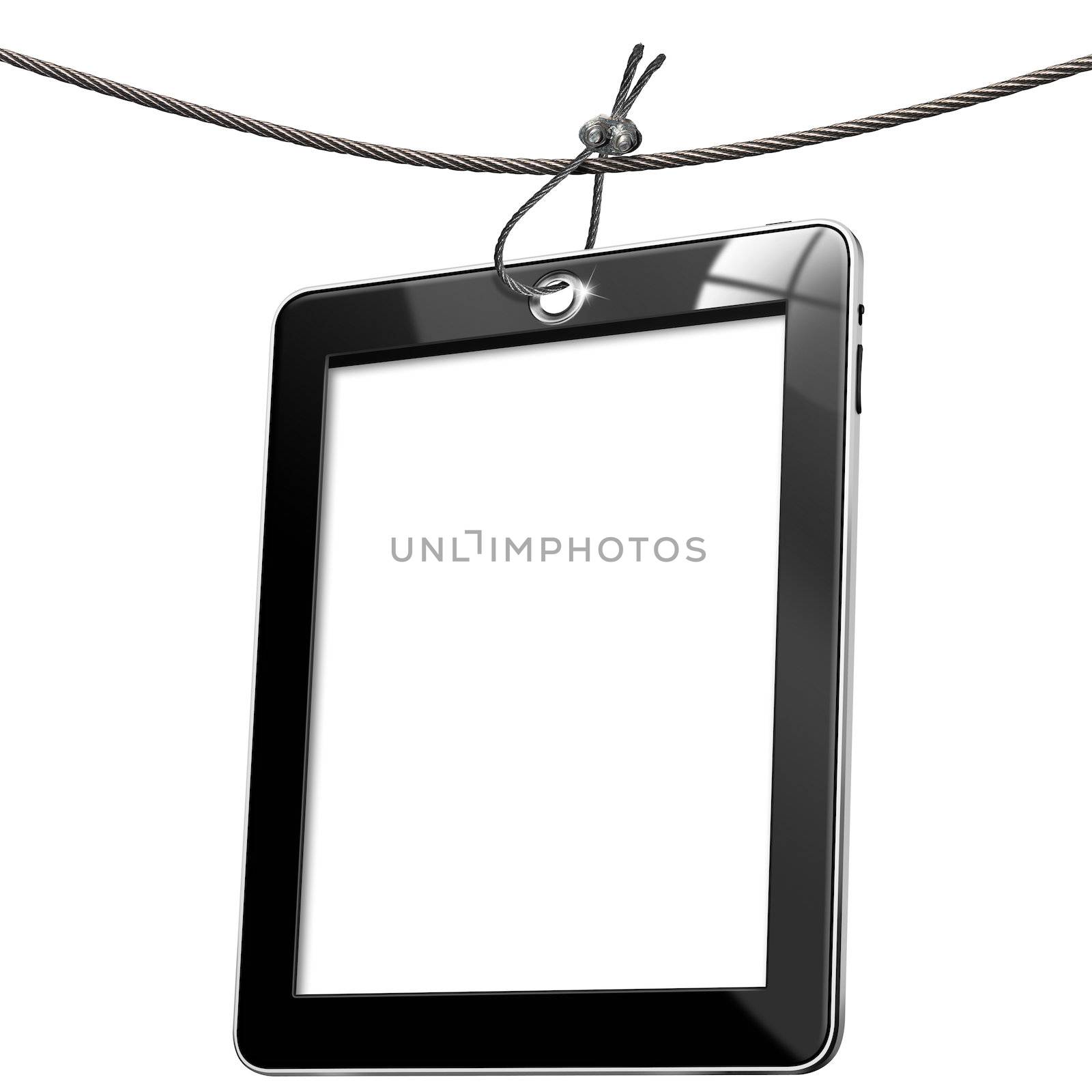 Black tablet computer tag hanging on a steel cable on white background 

