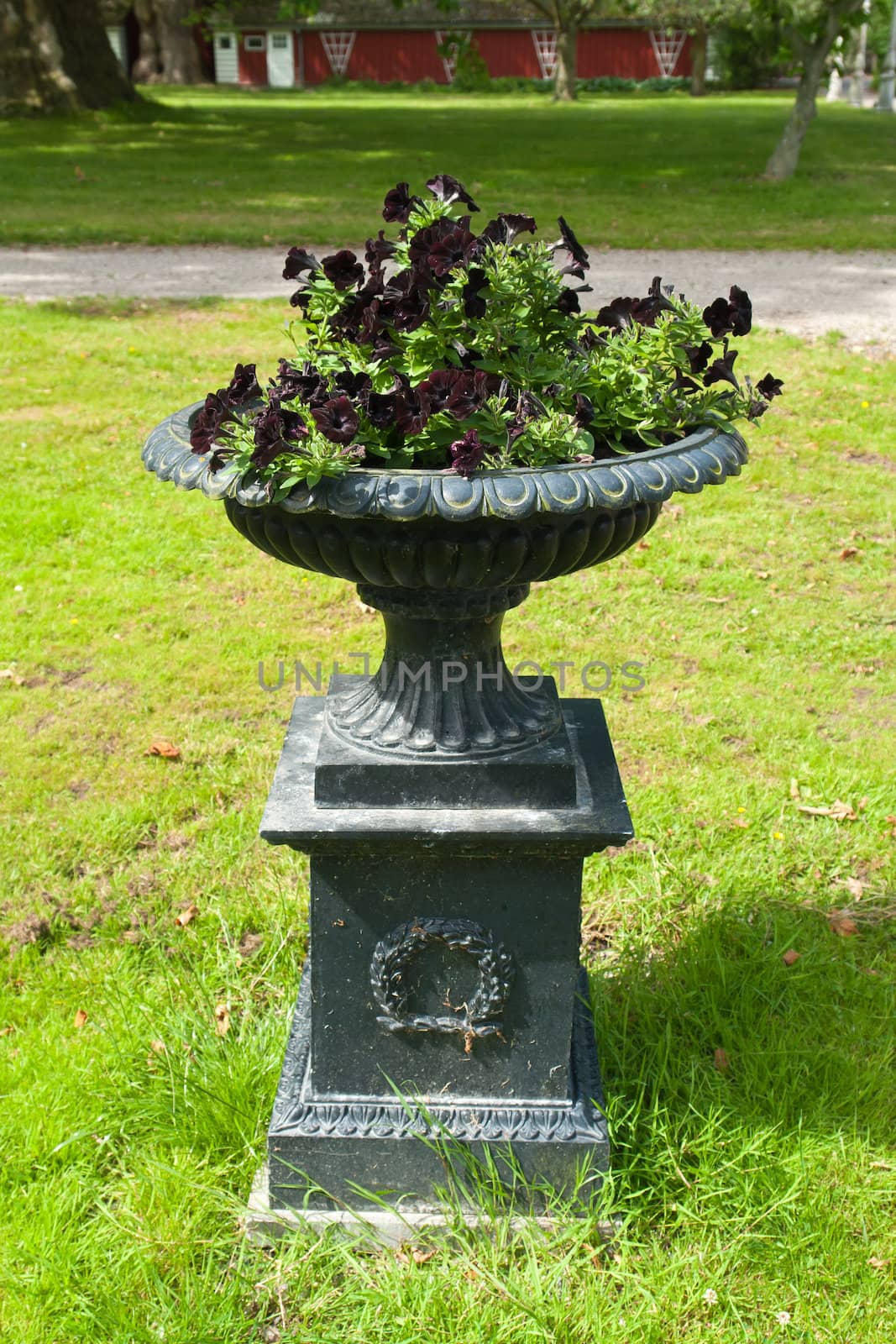 Beautiful decorative stone flower planter in a classical traditional English garden