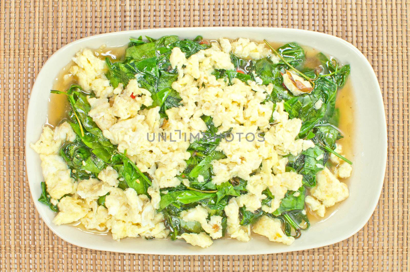 Vegetarian food, egg fried with green vegetable