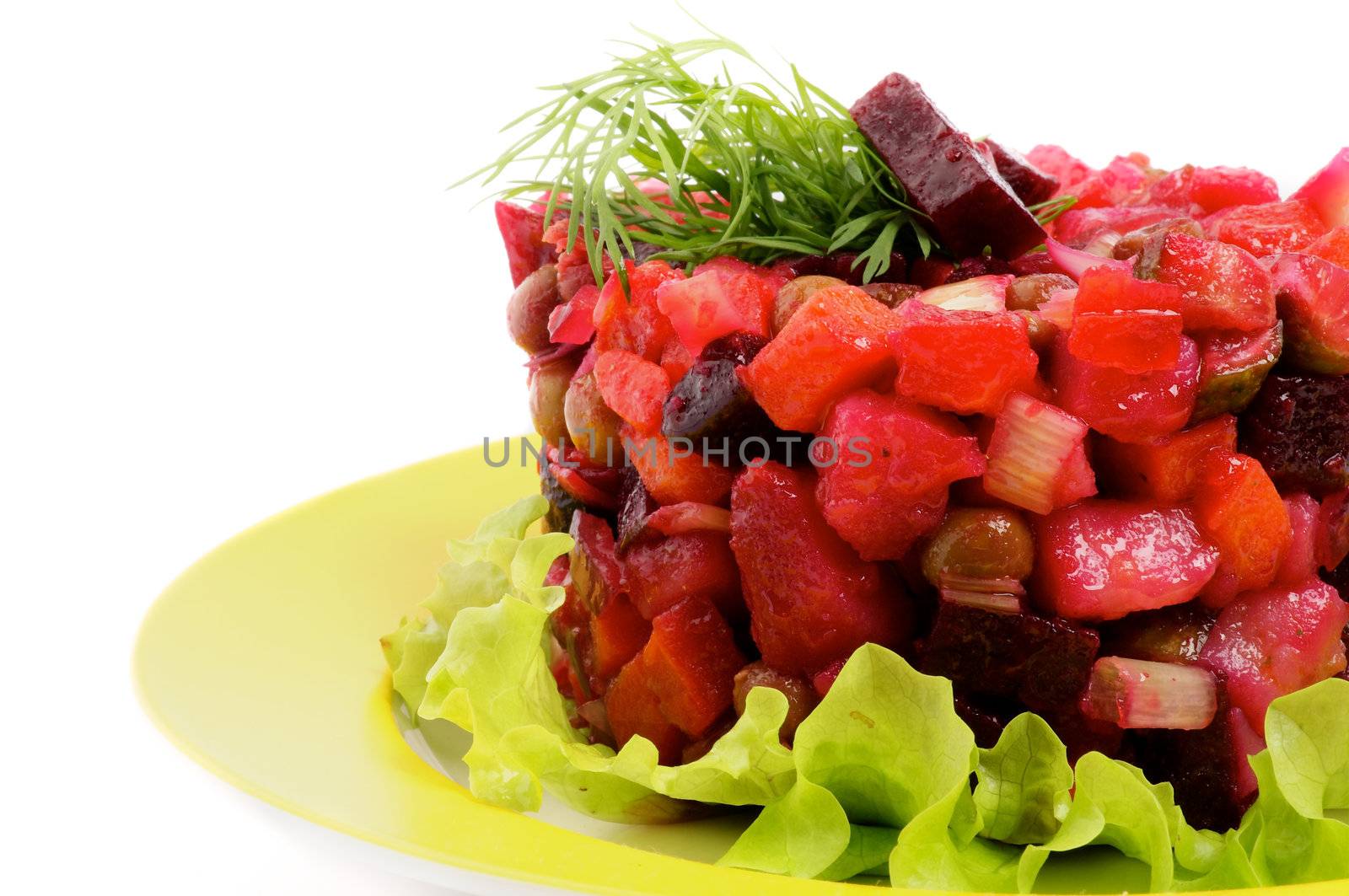 Beetroot Vinaigrette Salad with Potato, Carrot, Cucumber, Leek, Green Peas and Olive Oil closeup on Lettuce