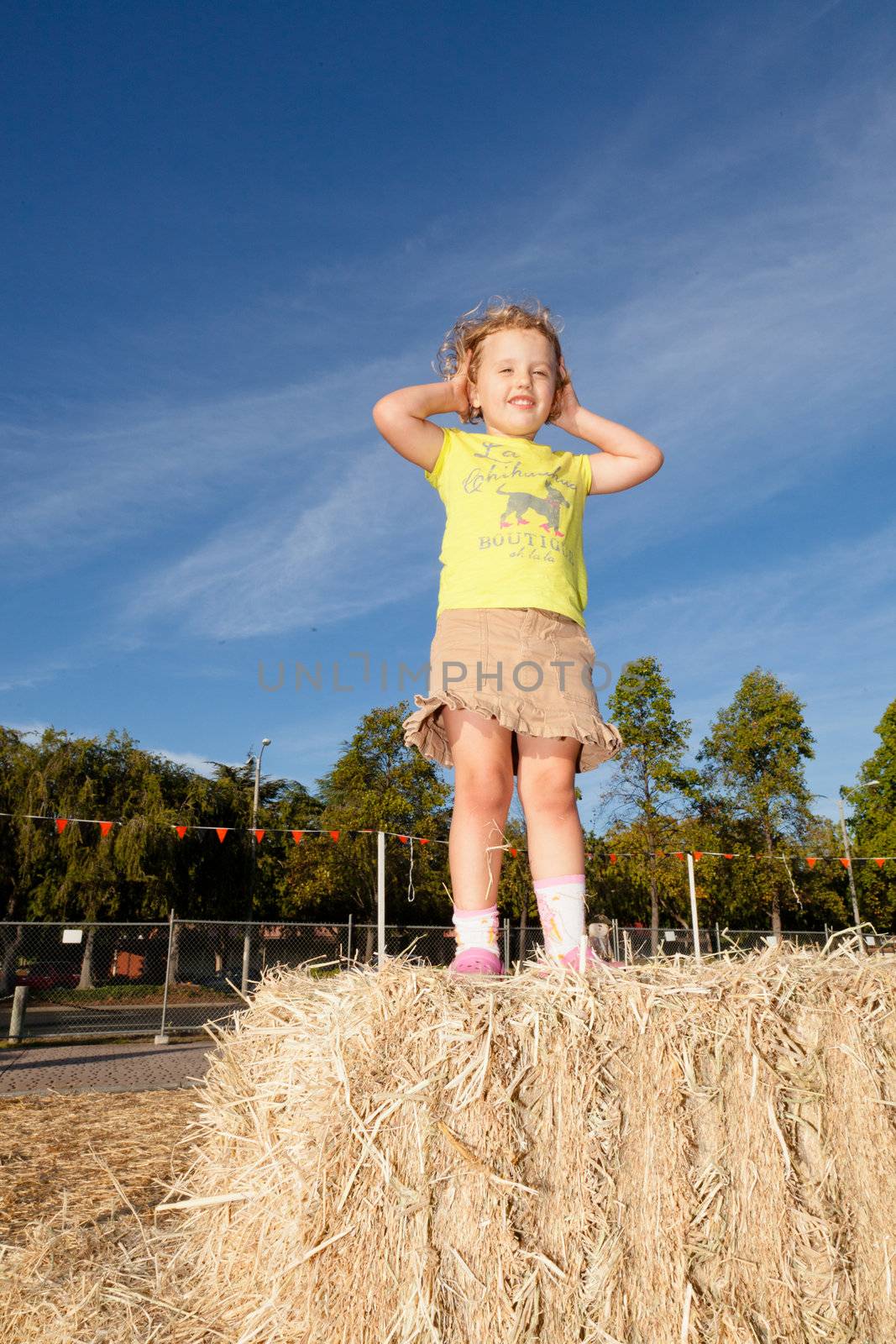 Having fun on pumpkin patch on sunny Sunday.