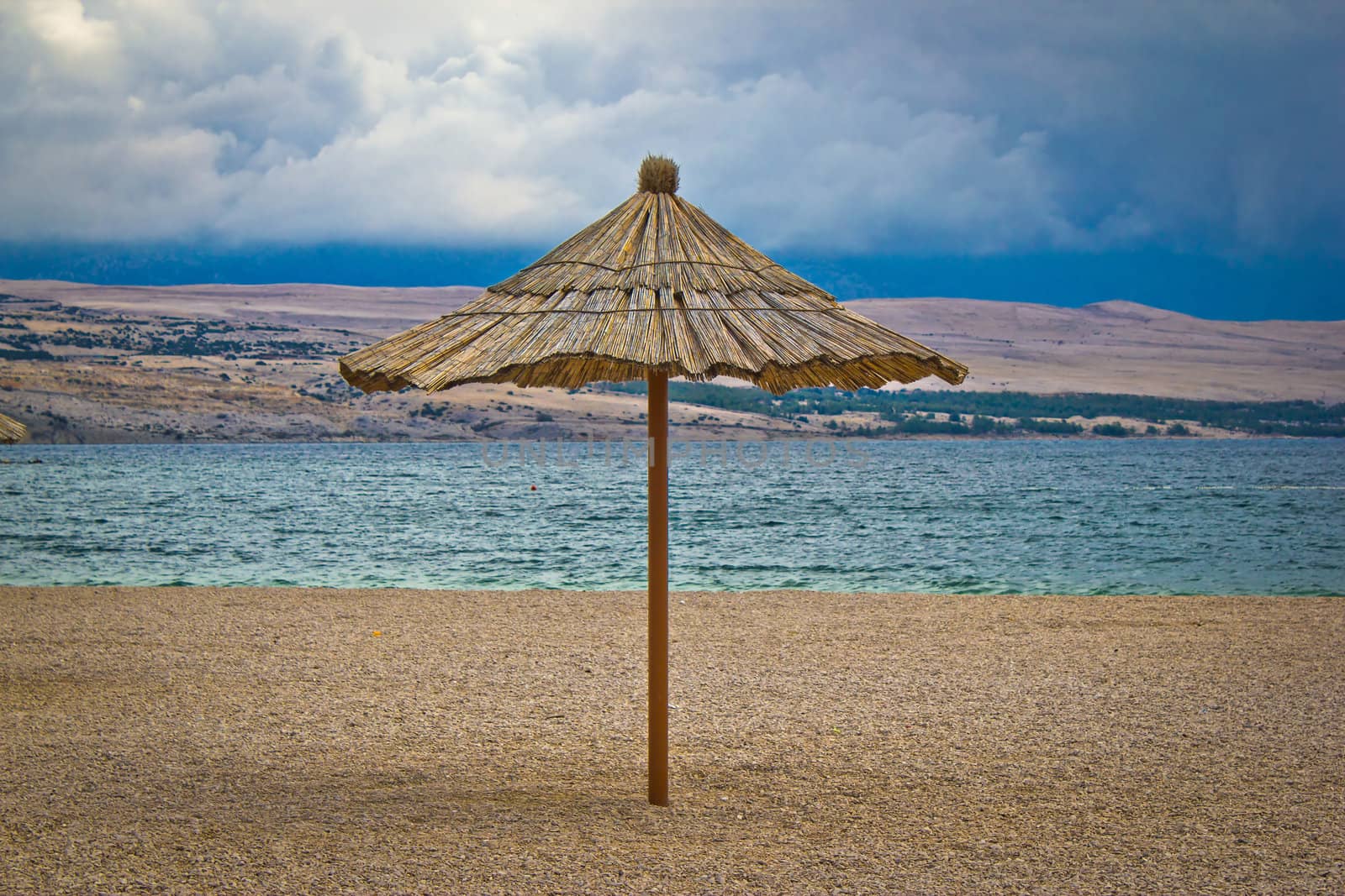 Famous Zrce beach umbrella out of season, Island of Pag, Croatia