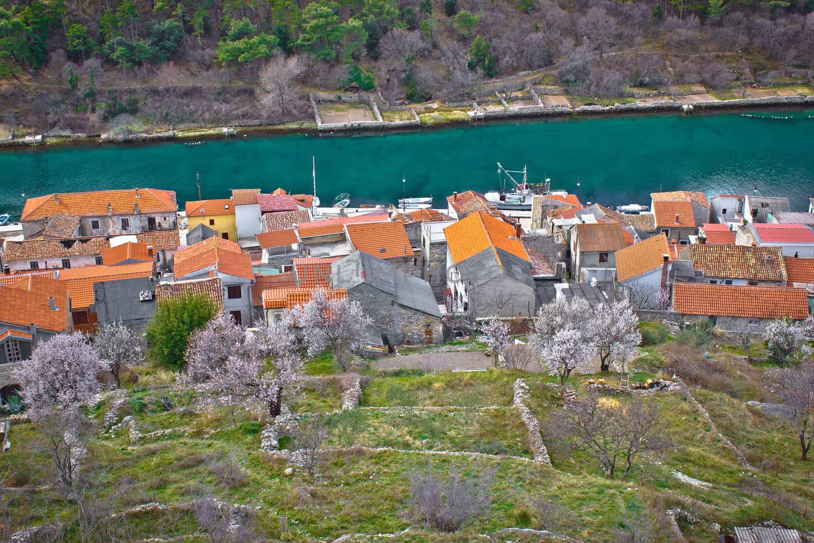 Novigrad Dalmatinski house rooftops and channel aerial view, Dalmatia, Croatia