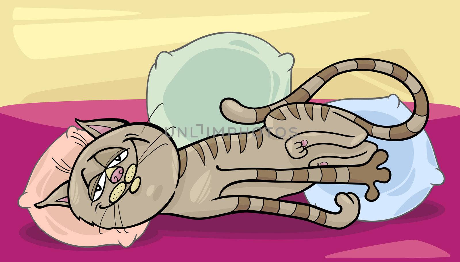 Cartoon Illustration of Happy Sleepy Tabby Cat on the Bed with Pillows