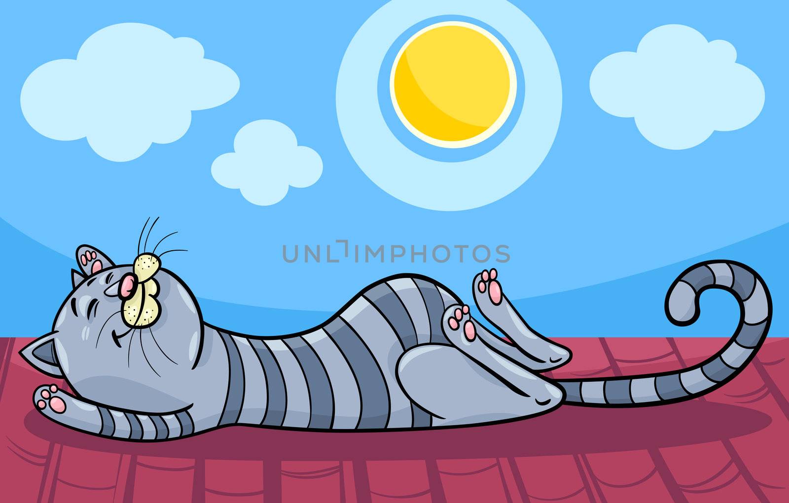 Cartoon Illustration of Funny Tabby Cat Sleeping on the Roof in the Sun