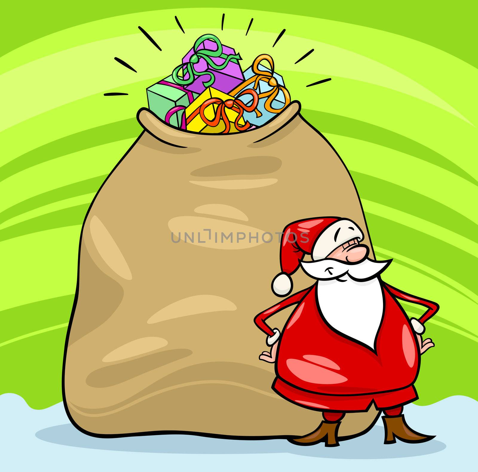 Cartoon Illustration of Funny Santa Claus or Papa Noel with Huge Sack Full of Christmas Presents