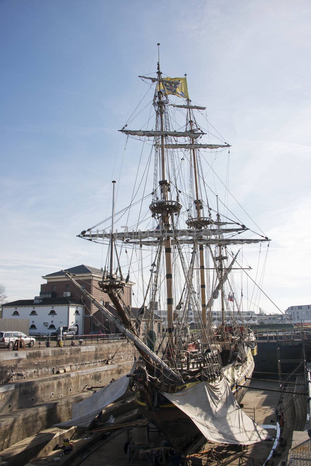 The russian frigat Shtandart for renovation in the dry dock by compuinfoto