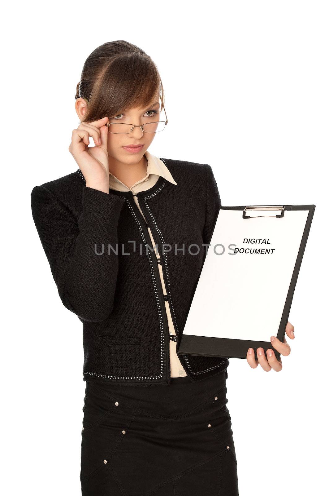 Woman holding digital document in the hand