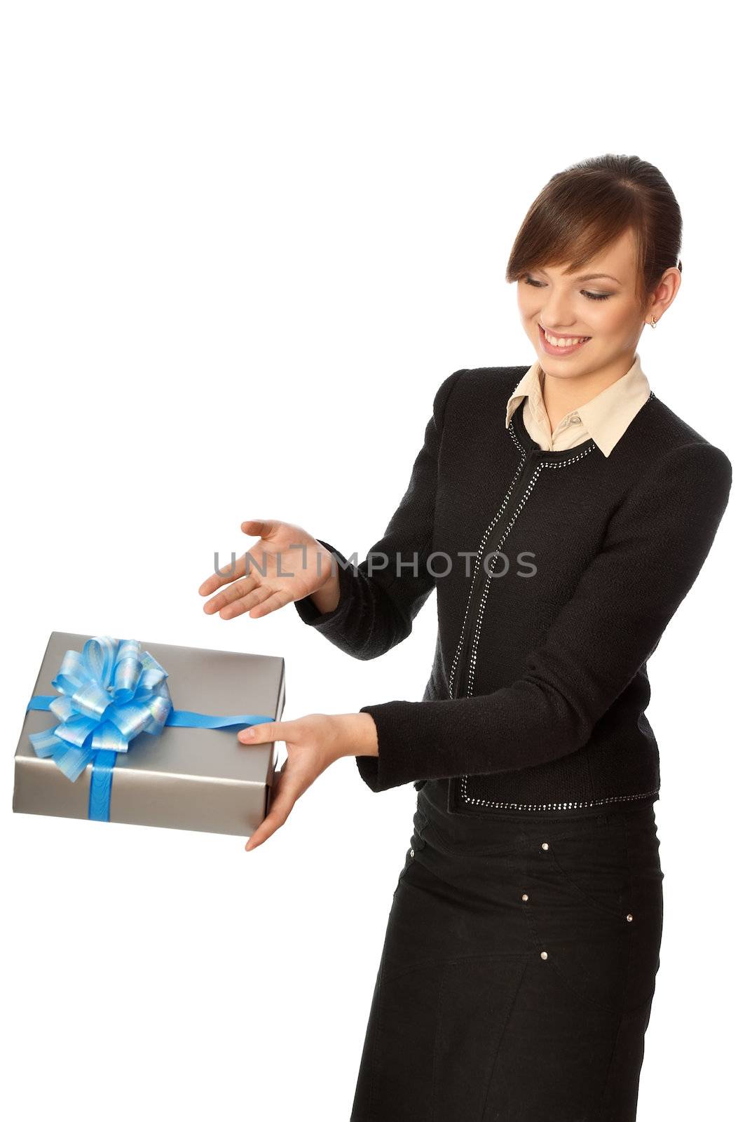 Woman giving a silver box with blue bow as a gift