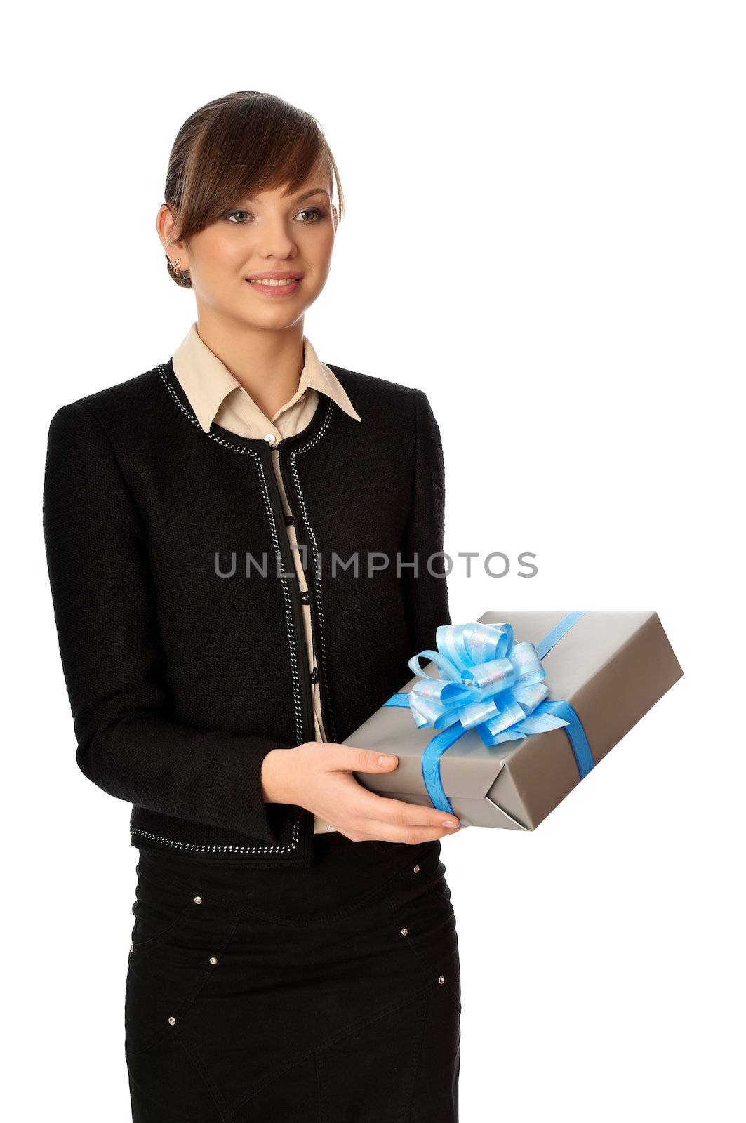 Woman holding a silver box with blue bow as a present