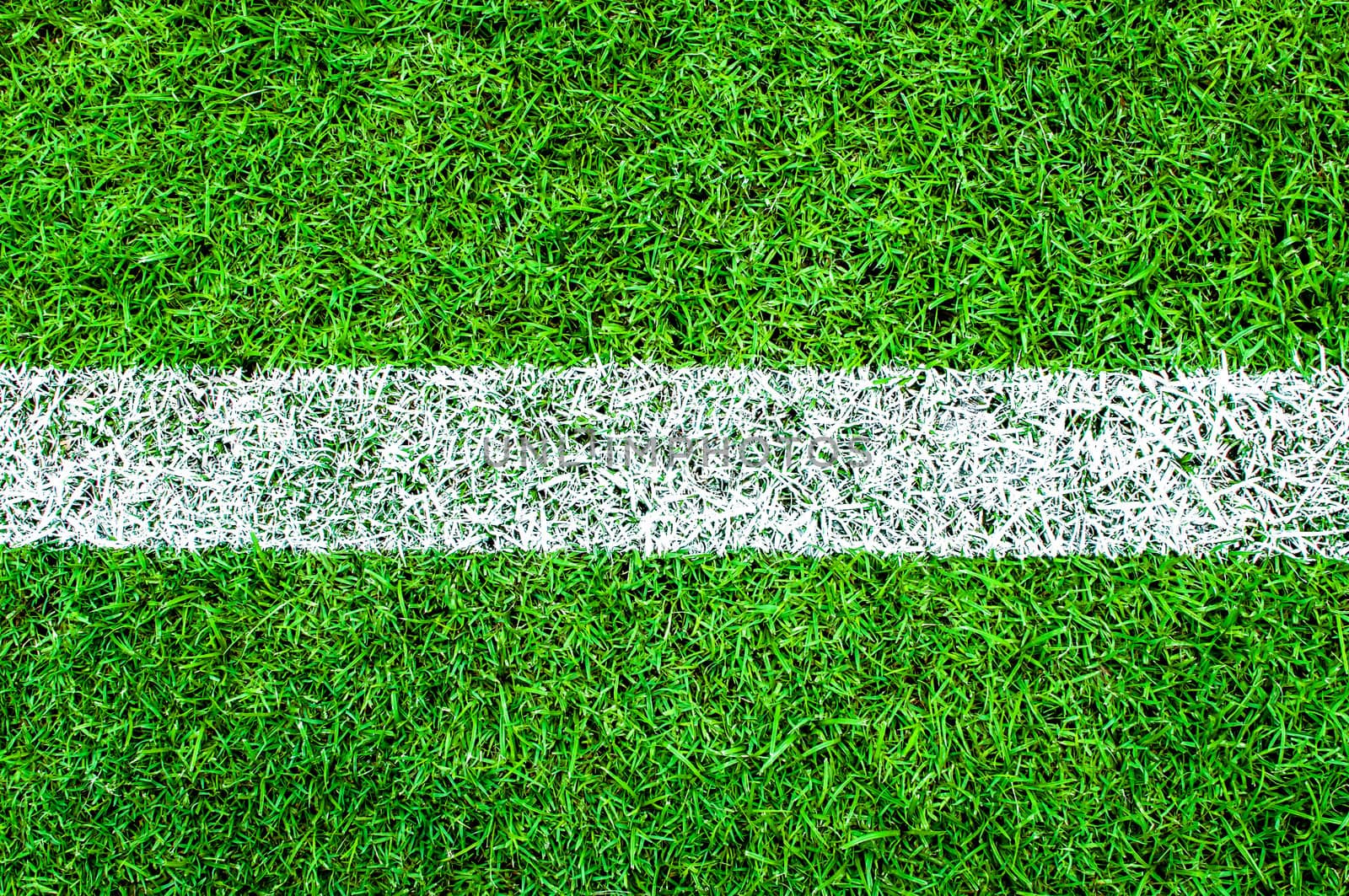 White stripe on the green soccer field from top view