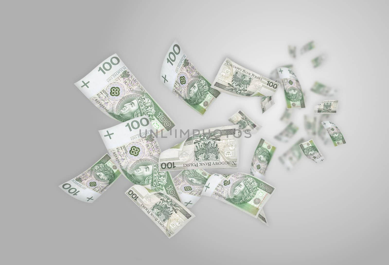 Flying moneys 100 PLN bills. Money falling in the white