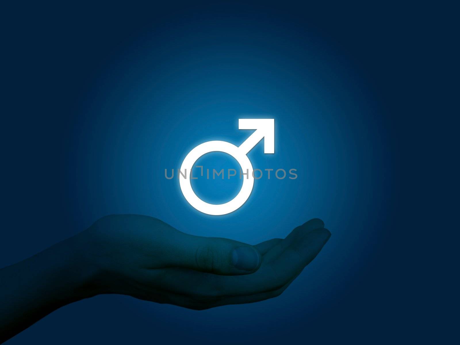 Shining male sex sign, man's hand on blue background by simpson33