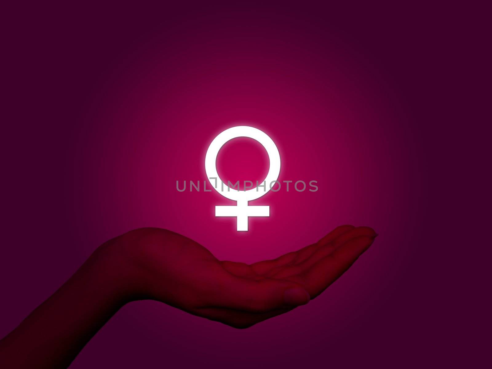 Shining female sex sign, woman's hand on pink background