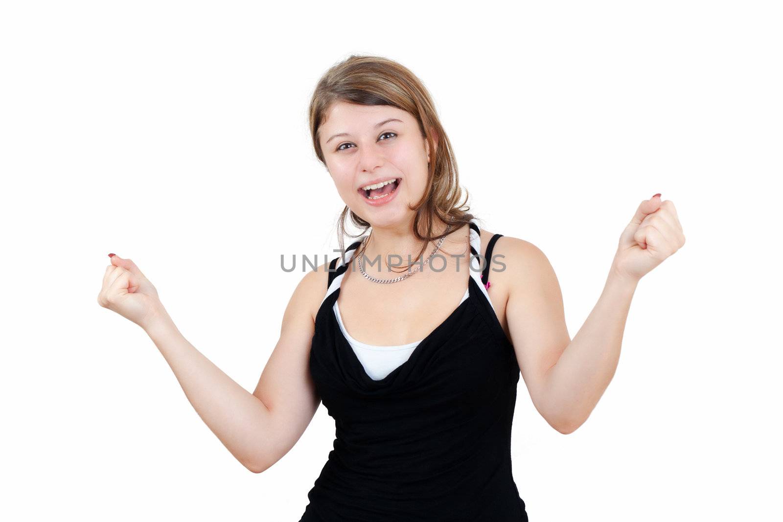 Winning success woman happy ecstatic celebrating being a winner. All on white Background.