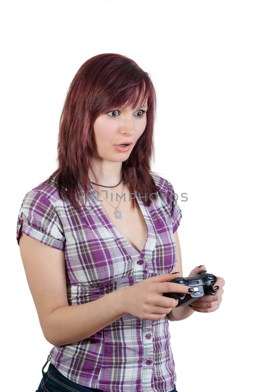 woman playing video game with joypad