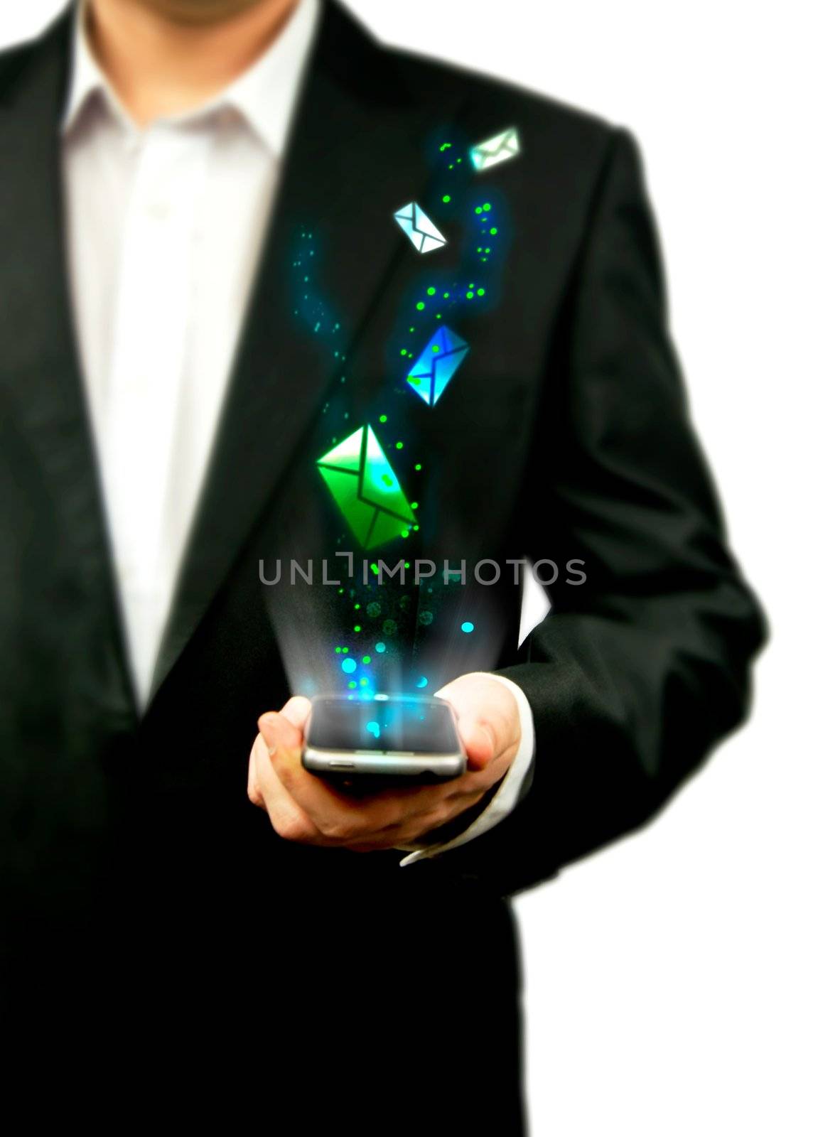 Man holding smartphone with communication symbols. by simpson33