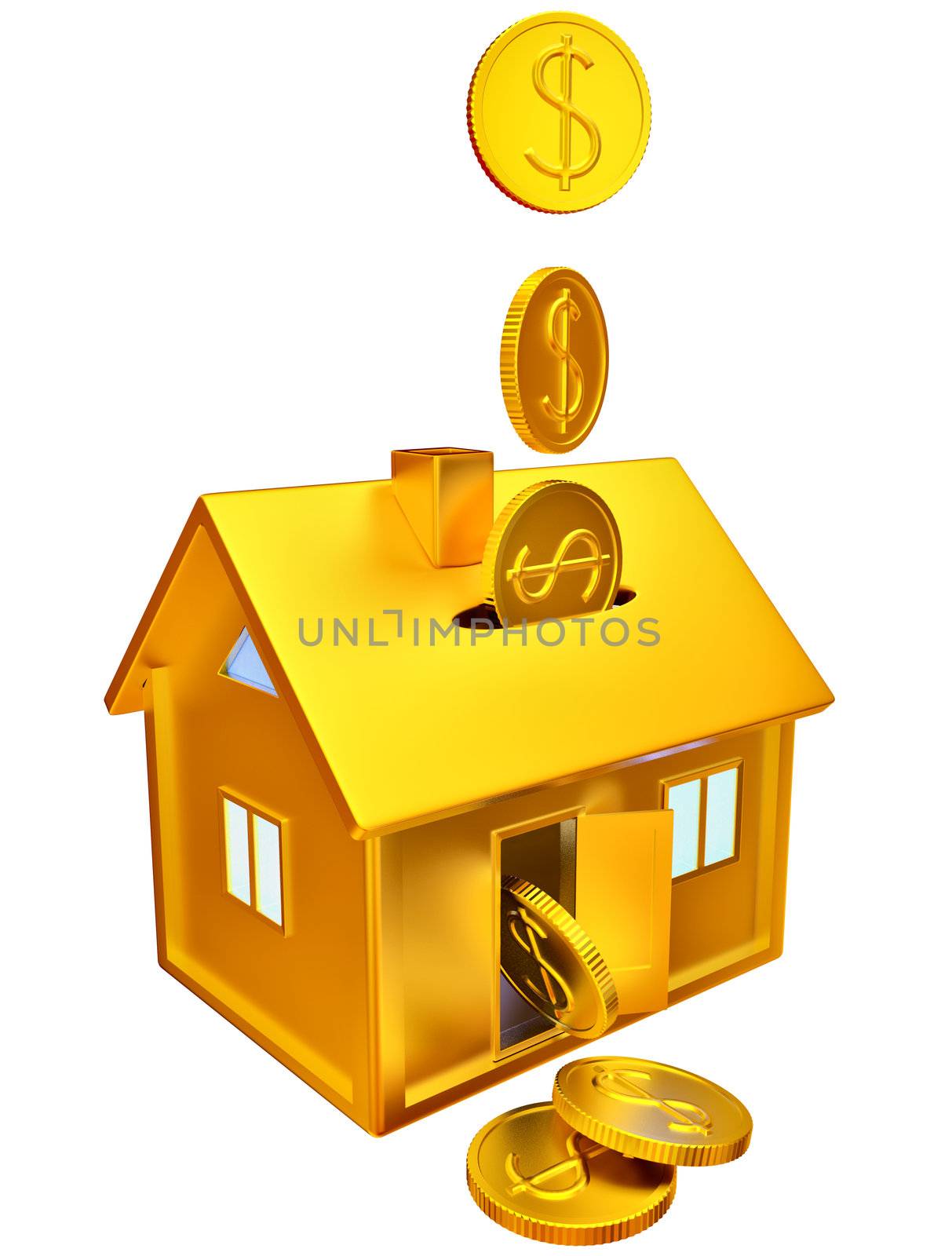 dollar coins falling down into a piggy bank in the form of a gilded house as a symbol of the accumulation