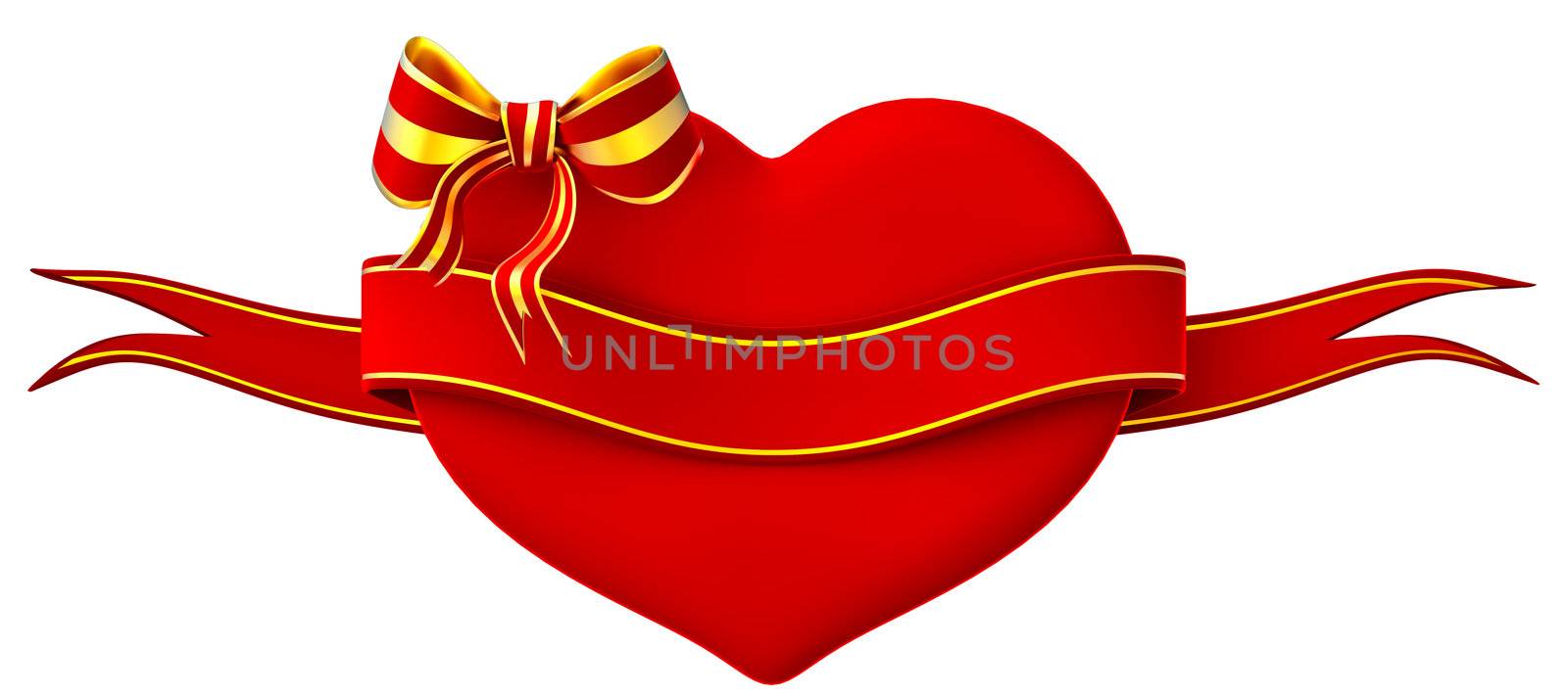 3D heart with bow and ribbon on a white background