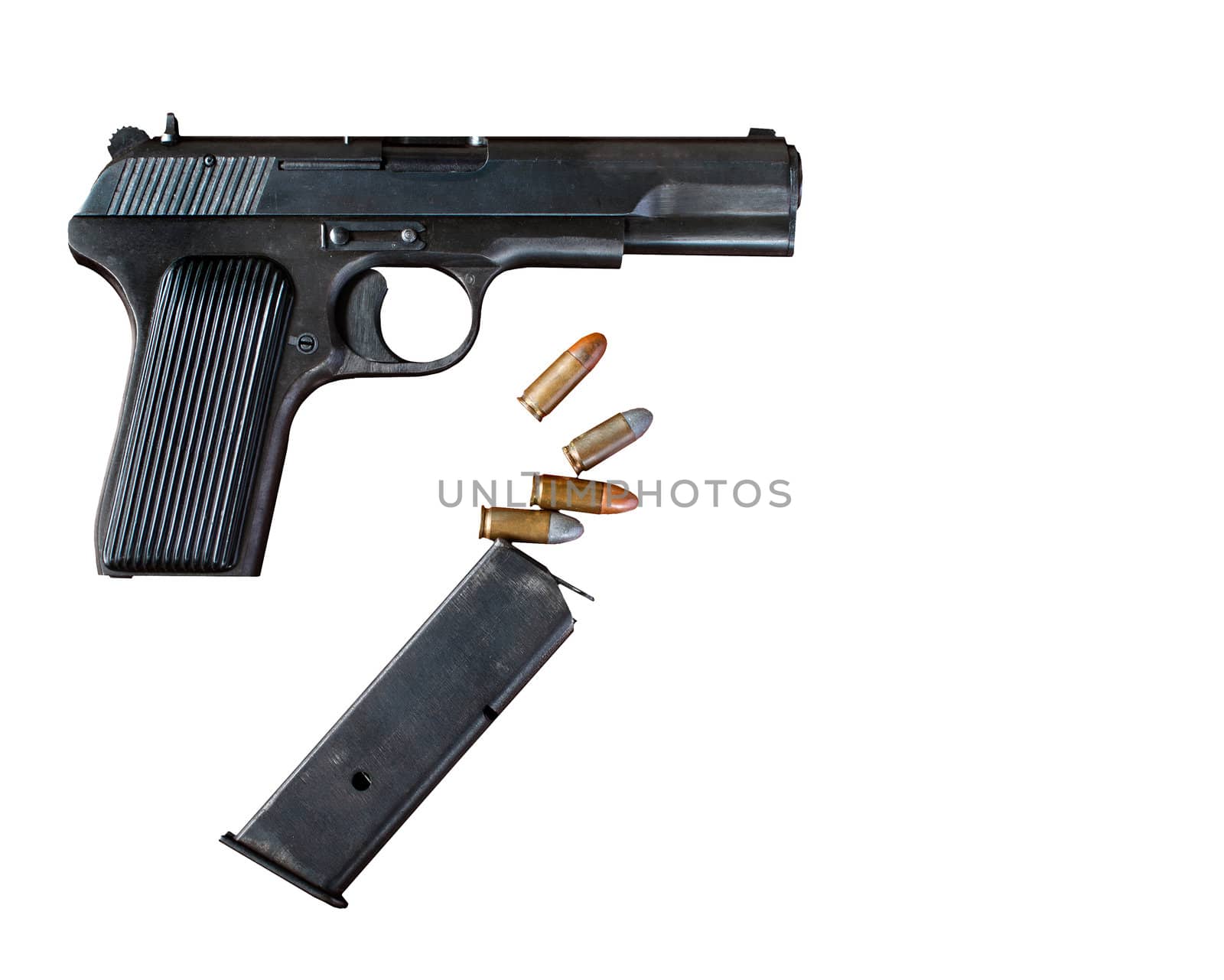 Pistol and bullets on a white background