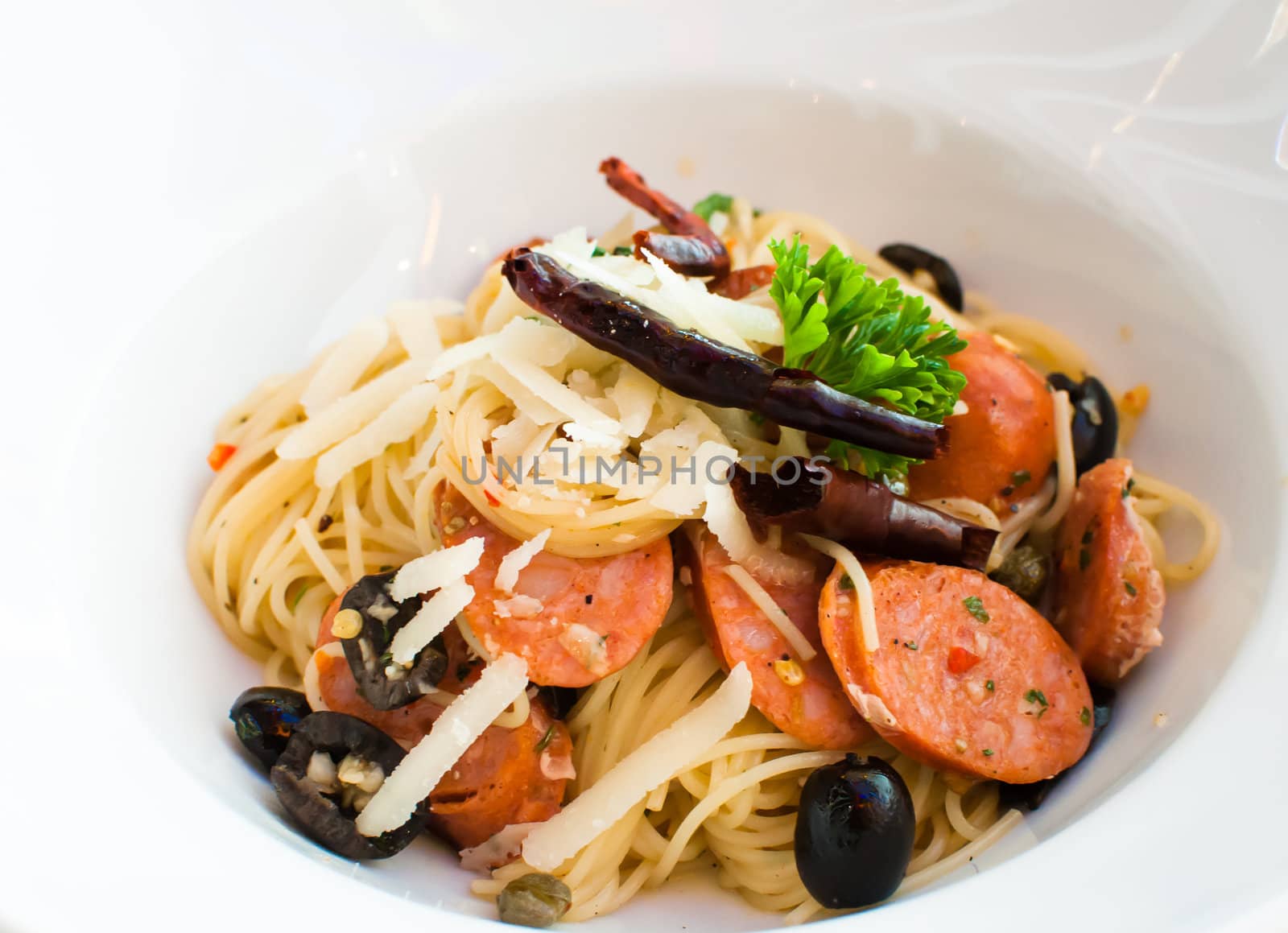 tasty hot and spicy spaghetti with thai sausage by TanawatPontchour