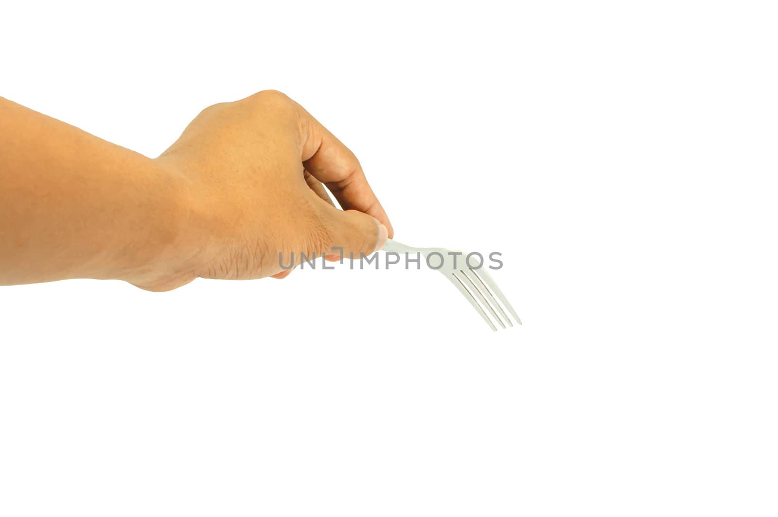 man hand with fork isolated on white background by TanawatPontchour
