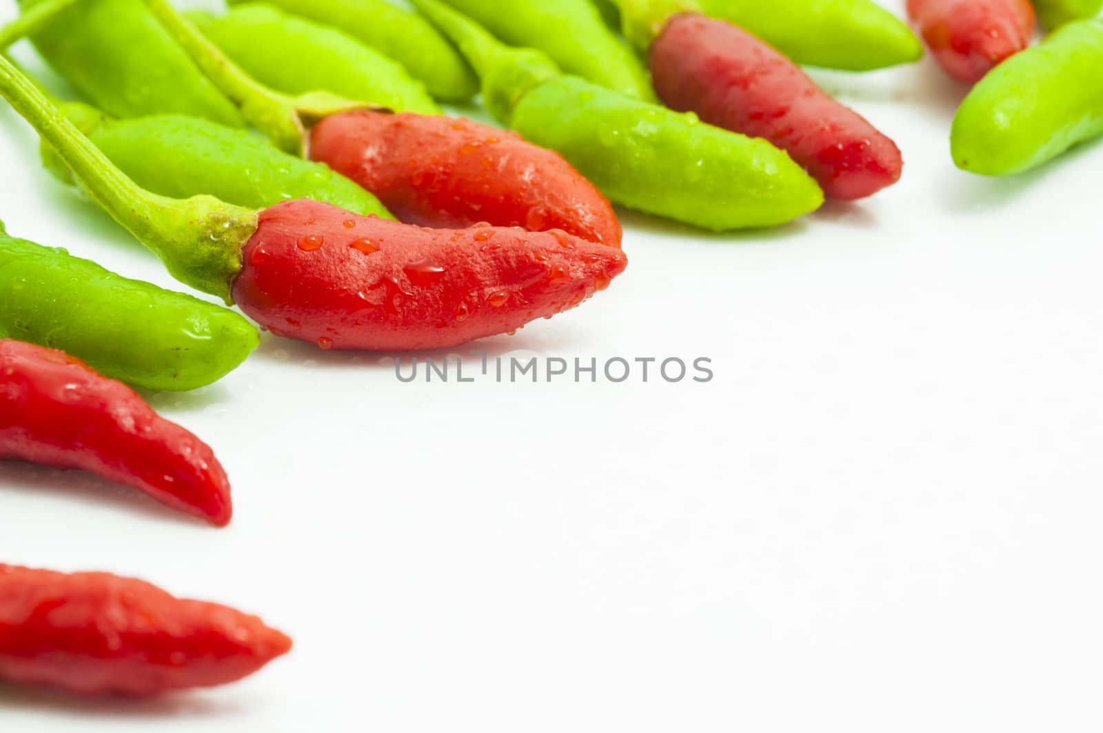 red and green chilli background by TanawatPontchour