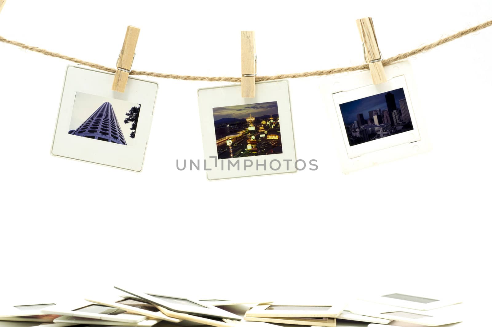 Slide film photo frames with hanger on rope with white background