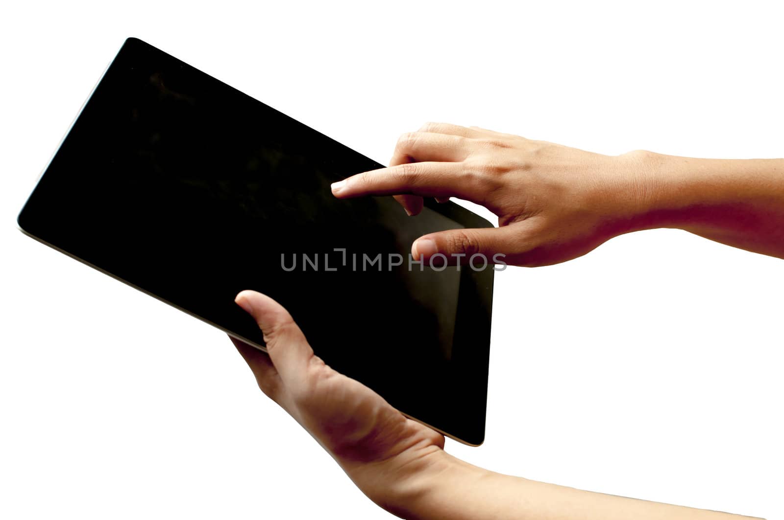 Woman hand with touch screen device on white background