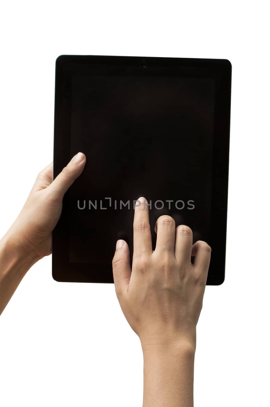 Woman hand with touch screen device on white background by TanawatPontchour