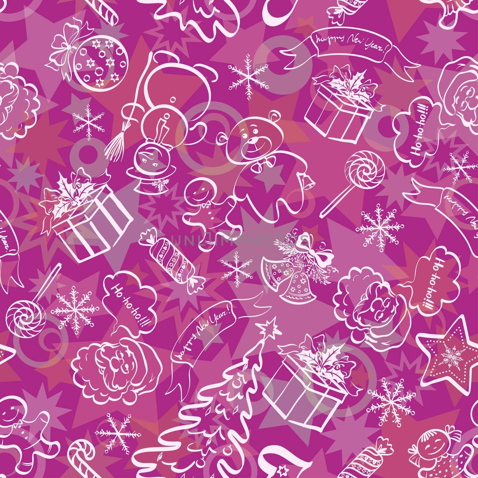 Christmas cartoon seamless background for holiday design, white contours on lilac