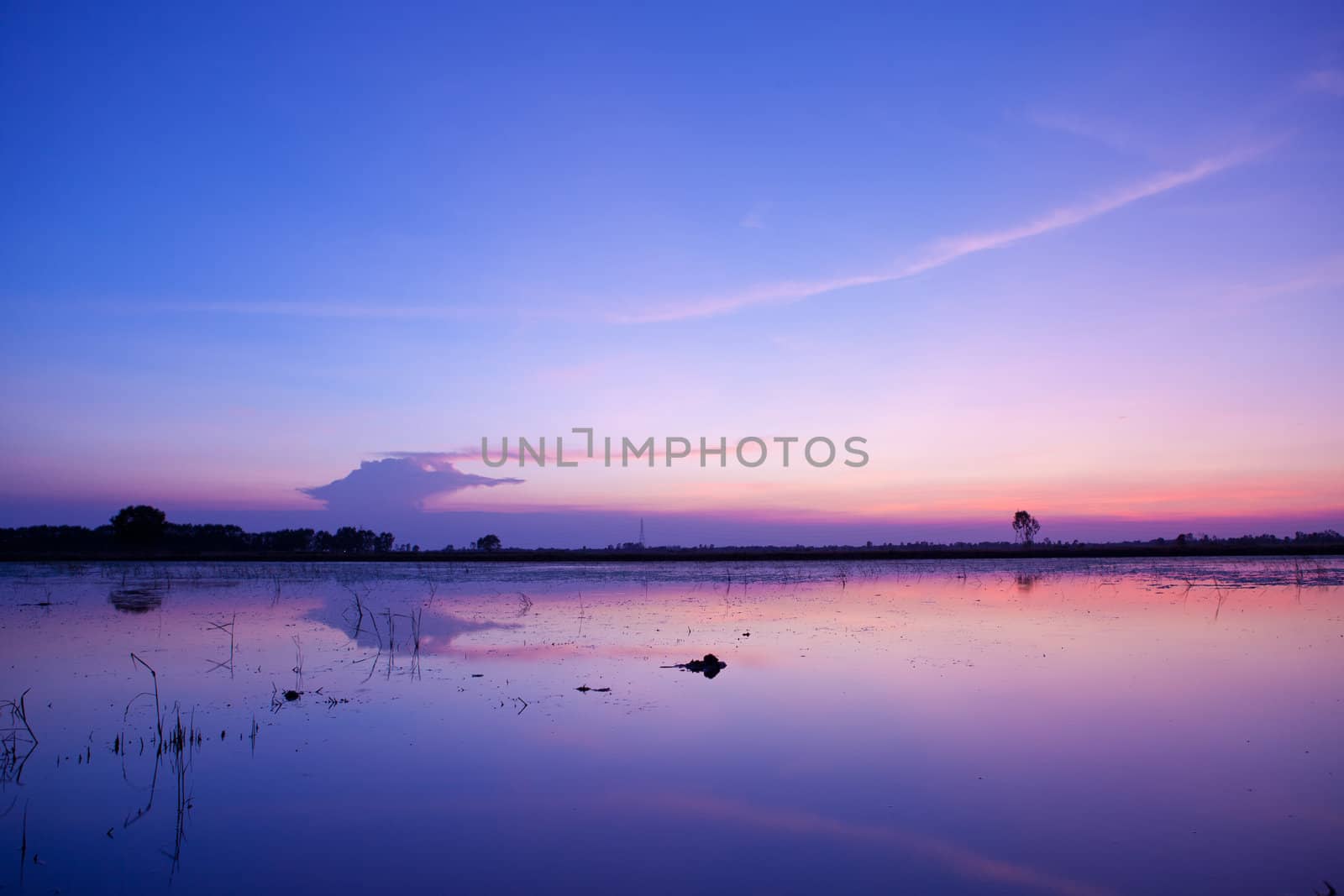 beautiful colourful sunset and blue sky on the Lake