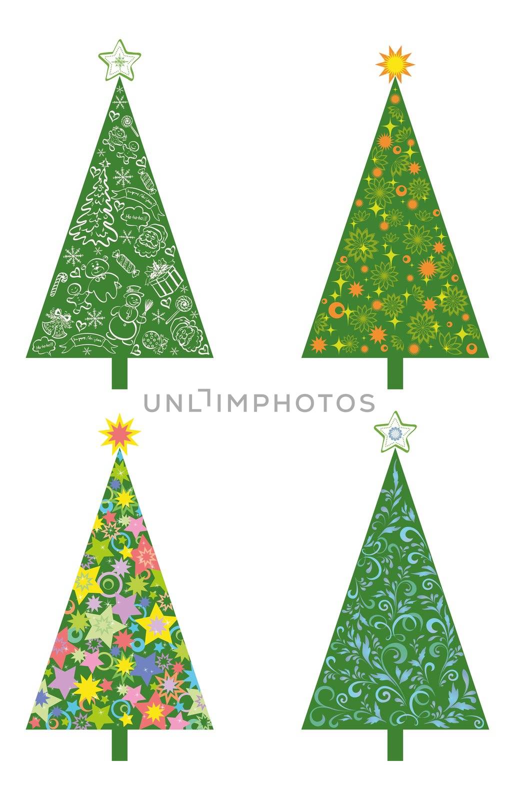 Set Christmas holiday trees with patterns and cartoons. Isolated on white background. Vector eps10, contains transparencies