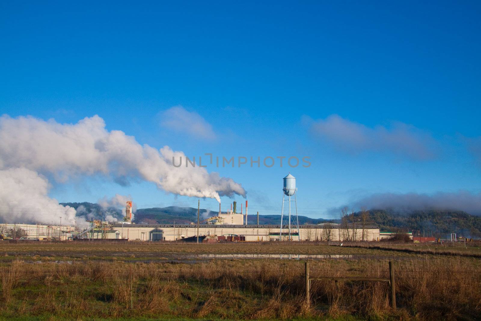 A paper mill in Oregon emits smoke and pollution into the clean air and blue sky overhead.