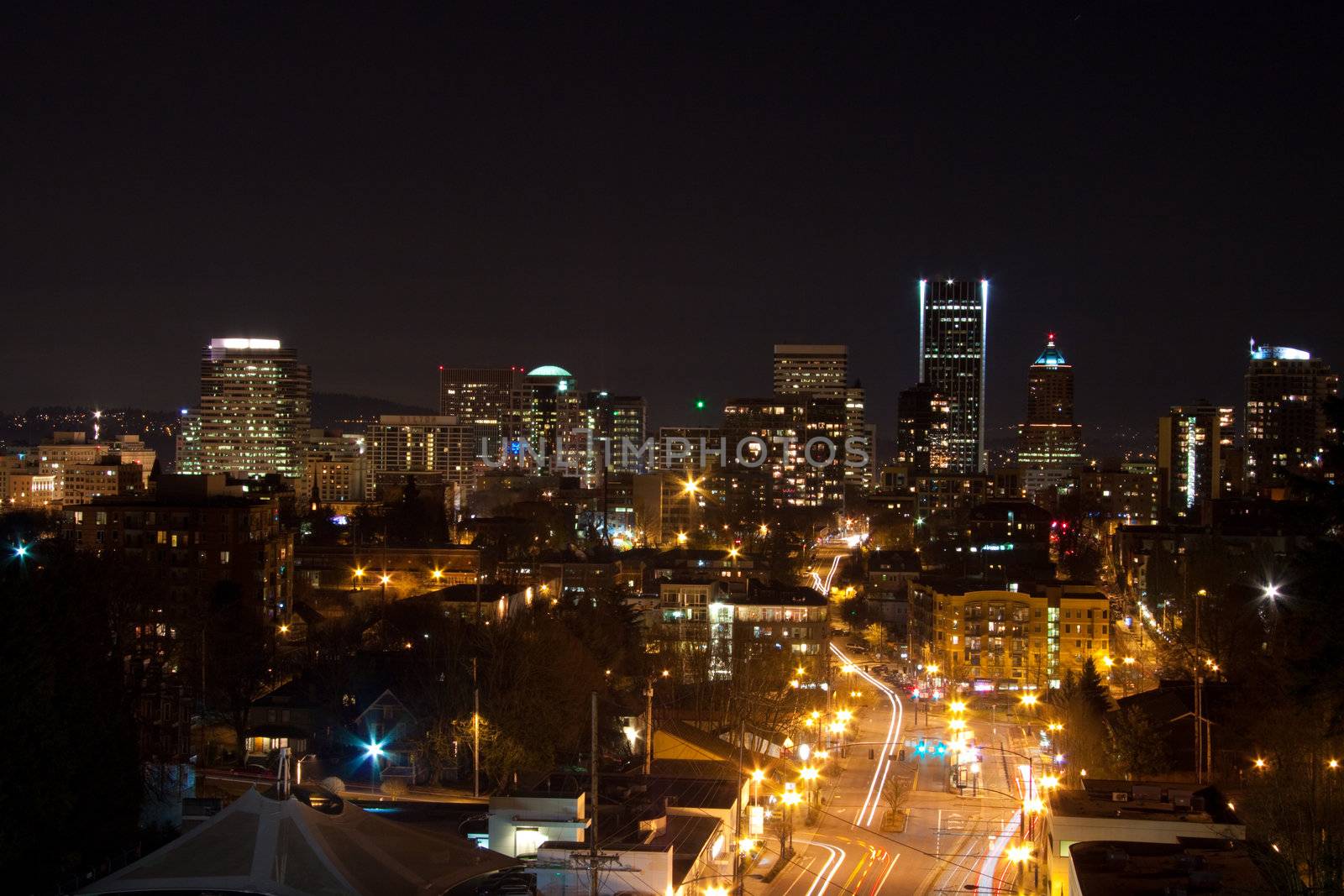 Photos of downtown portland oregon at night showing the busy urban city life of this northwest metro area.