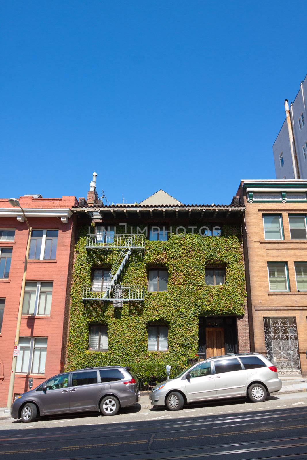 Ivy covers a building with two vehicles parked out front in downtown San Francisco.