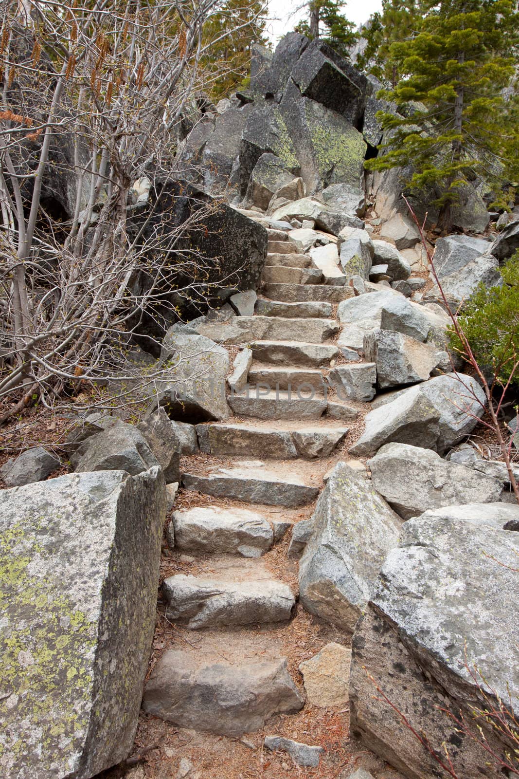 Stairs made up of rocks carved into the mountain at Lake Tahoe California.