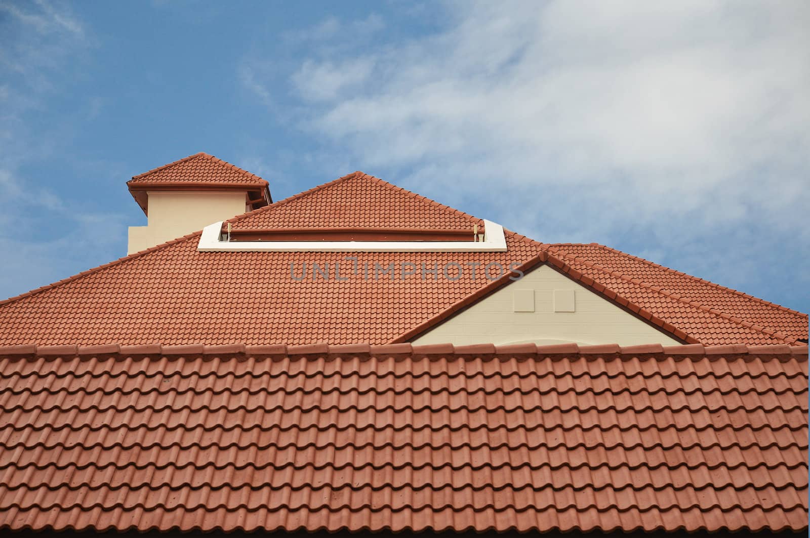 View of red roof tiles and cloudy sky on the background.