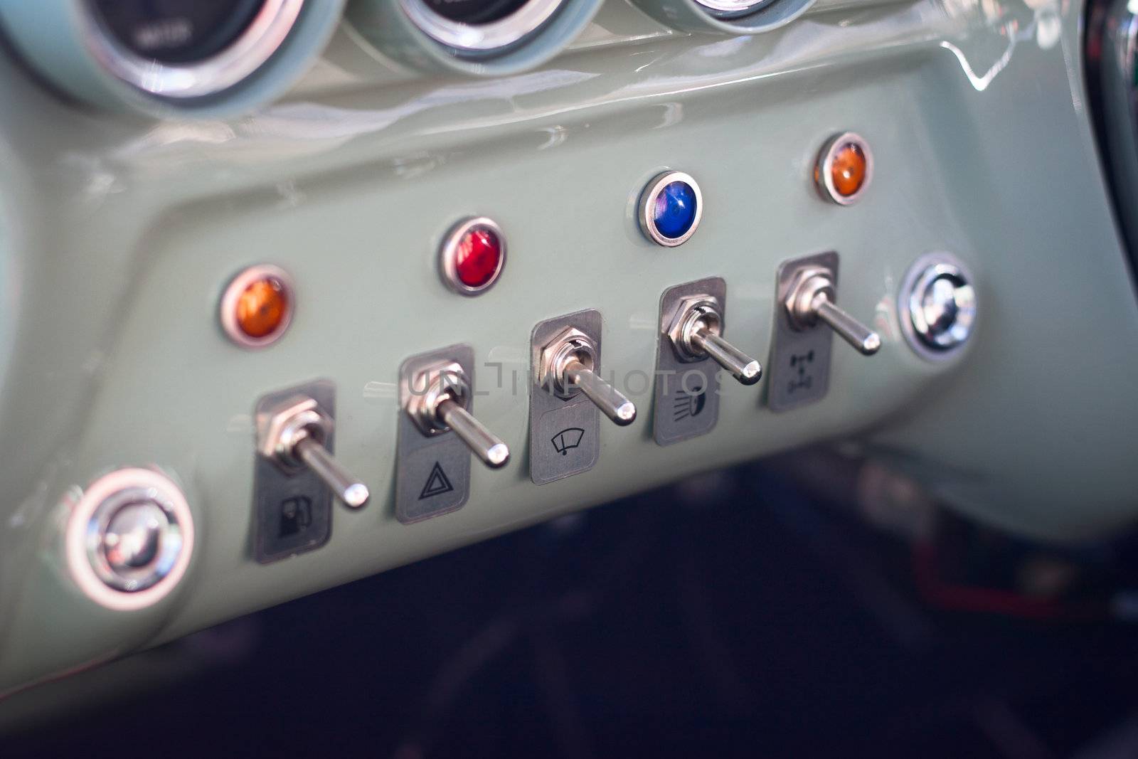 Close up of push buttons in an old classic car