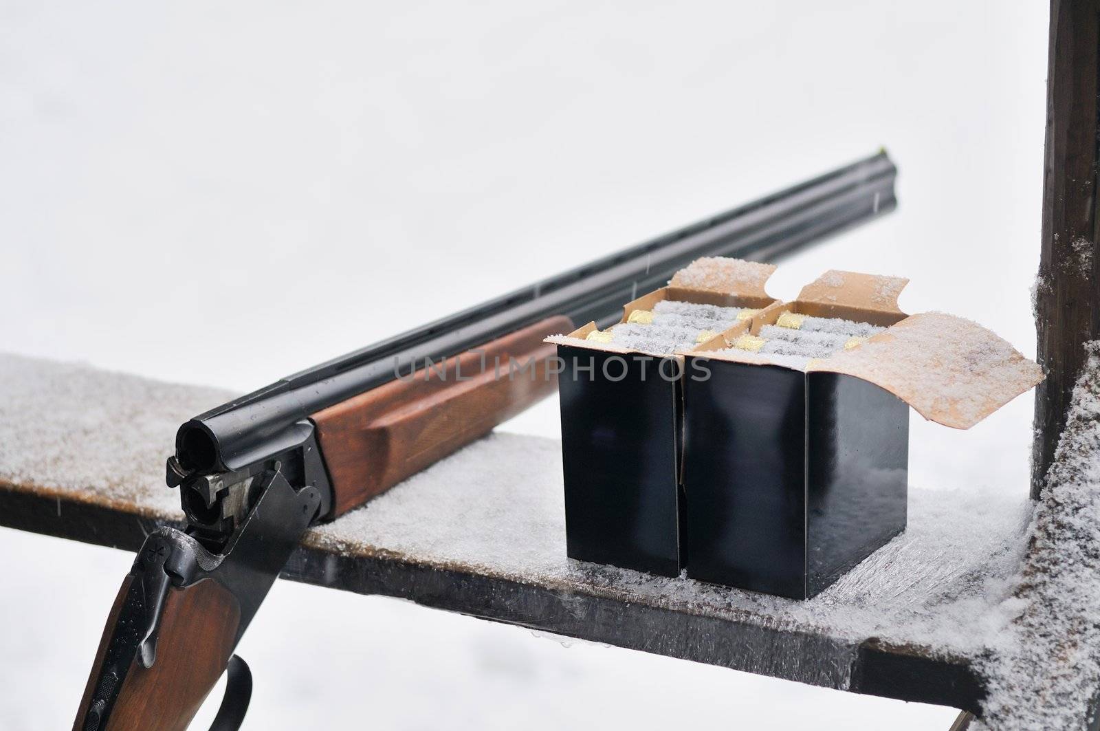 Hunting rifle and bullets. On winter background.