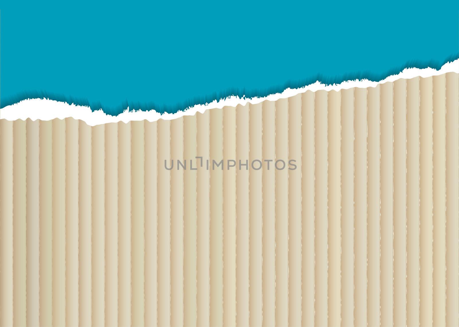 corrugated cardboard background with torn edge and blue paper