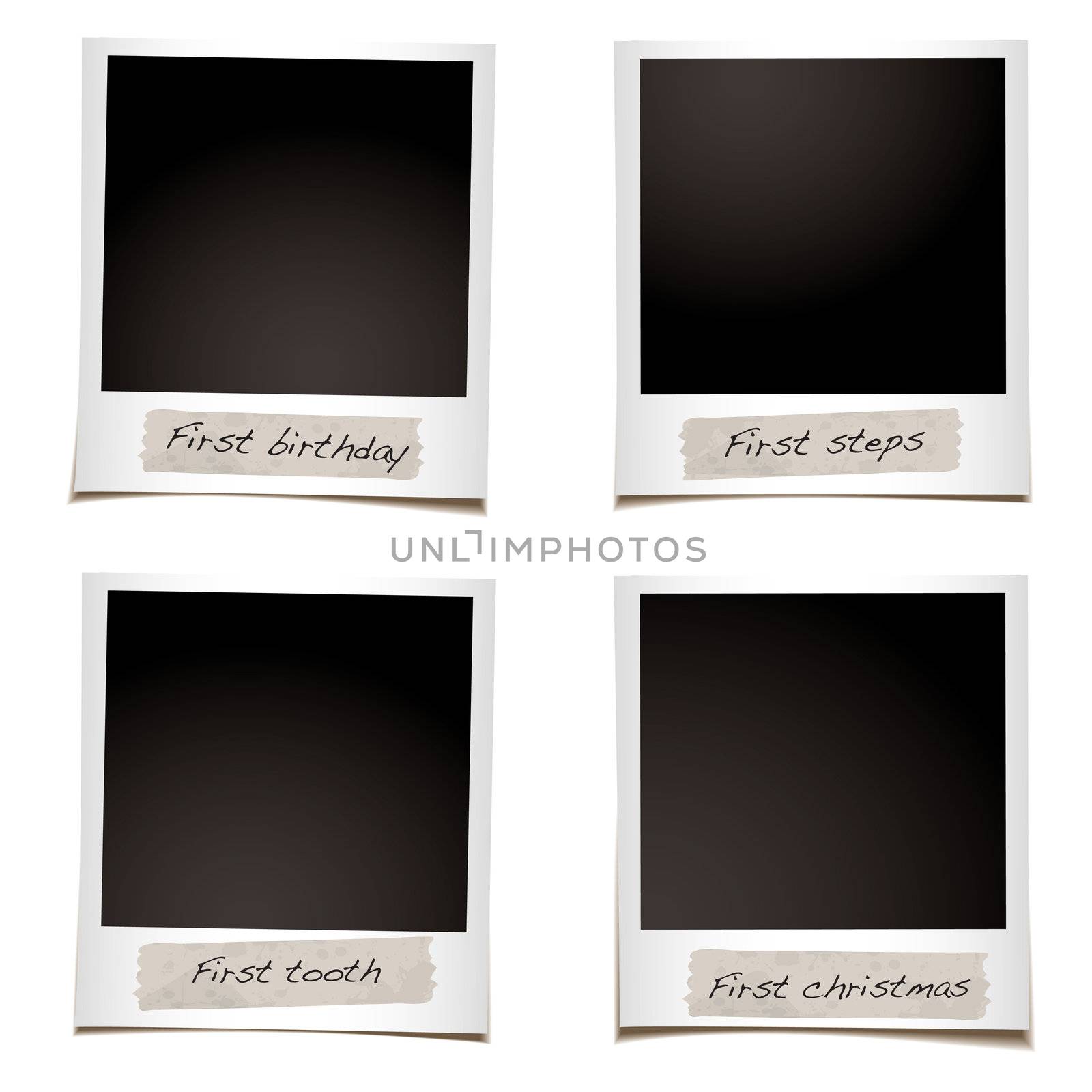 Set of instant photos with space for first steps and christmas photographs